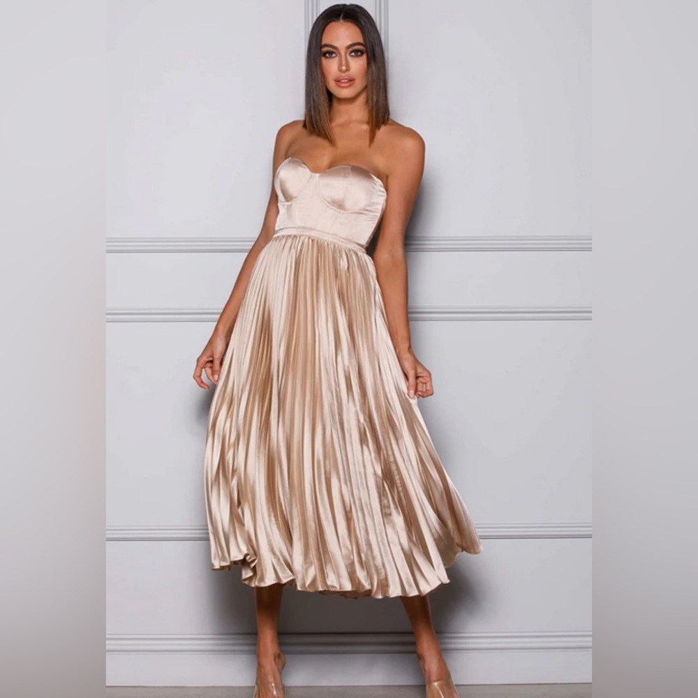 Strapless Pleated Satin Midi Dress in Champagne